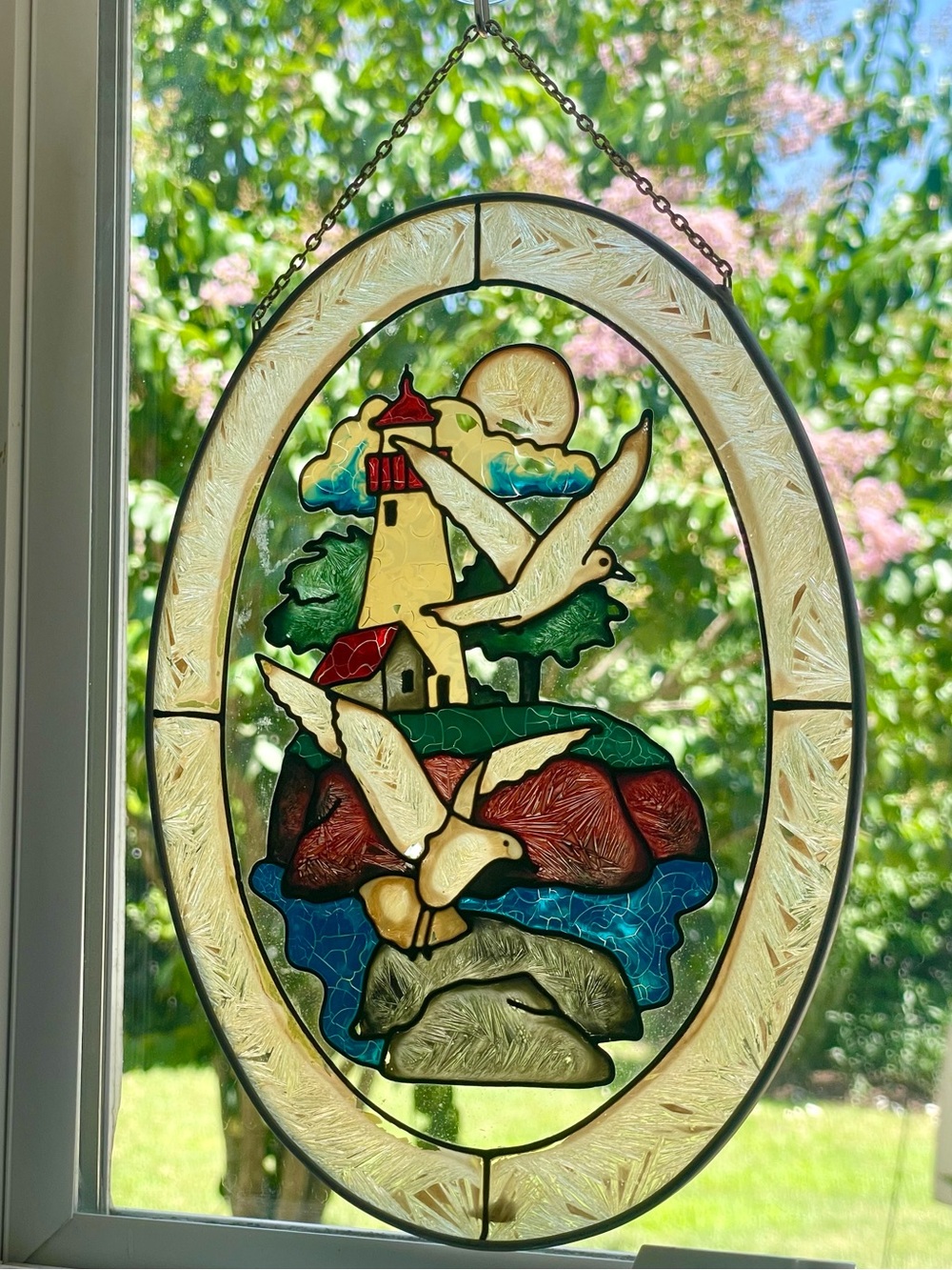 Vintage Joan Baker Designs Lighthouse & Seagulls Faux Stained Glass Hanging